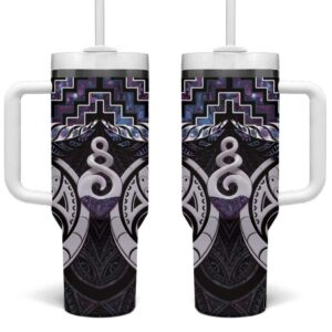 New Zealand Maori Poutama Pikorua Purple Paua Shell Custom Stanley Quencher 40oz Stainless Steel Tumbler With Handle - Threewoofs