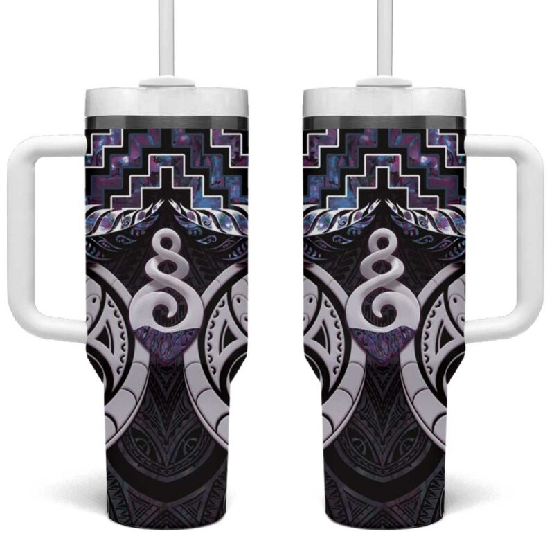 New Zealand Maori Poutama Pikorua Purple Paua Shell Custom Stanley Quencher 40oz Stainless Steel Tumbler With Handle - Threewoofs