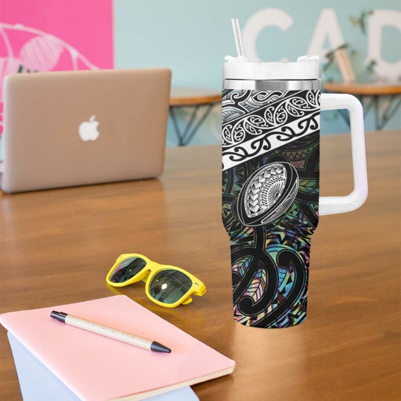 New Zealand Maori Rugby Tattoo Papua Shell Custom Stanley Quencher 40oz Stainless Steel Tumbler With Handle - Threewoofs - Image 5
