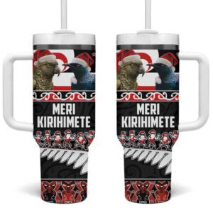 New Zealand Meri Kirihimete Christmas Tui Bird and Kea Bird Haka Santa Custom Stanley Quencher 40oz Stainless Steel Tumbler With Handle - Threewoofs