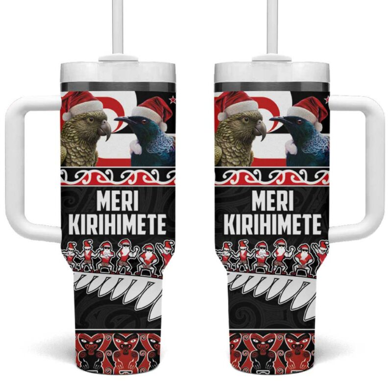 New Zealand Meri Kirihimete Christmas Tui Bird and Kea Bird Haka Santa Custom Stanley Quencher 40oz Stainless Steel Tumbler With Handle - Threewoofs