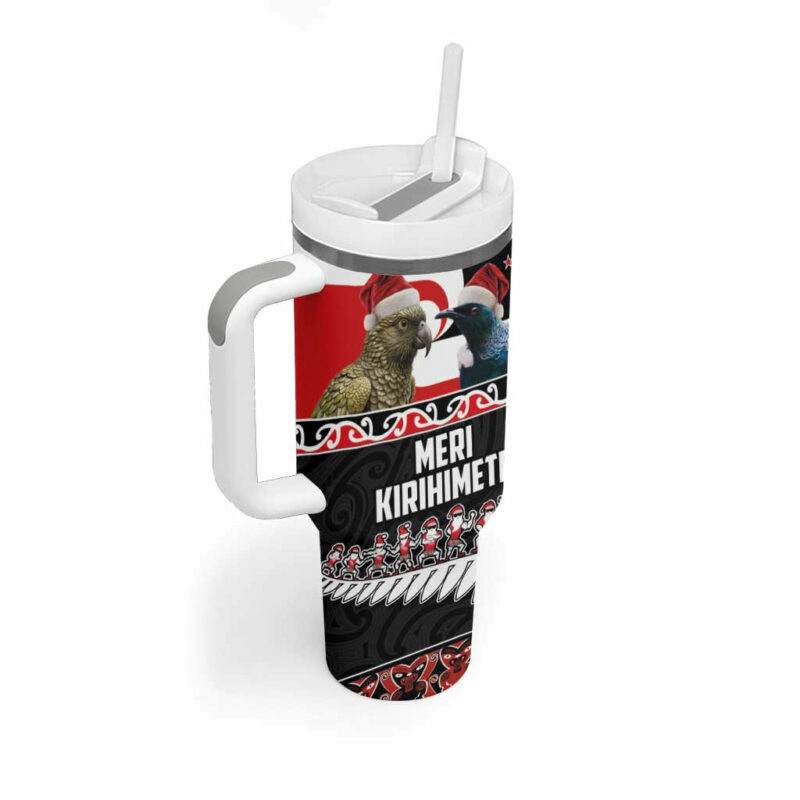 New Zealand Meri Kirihimete Christmas Tui Bird and Kea Bird Haka Santa Custom Stanley Quencher 40oz Stainless Steel Tumbler With Handle - Threewoofs - Image 2