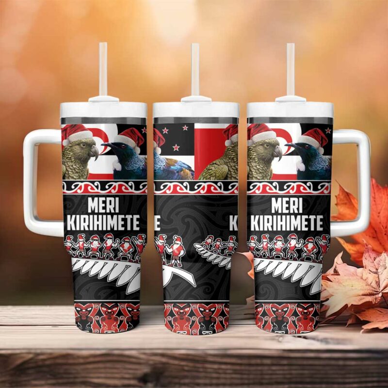 New Zealand Meri Kirihimete Christmas Tui Bird and Kea Bird Haka Santa Custom Stanley Quencher 40oz Stainless Steel Tumbler With Handle - Threewoofs - Image 4