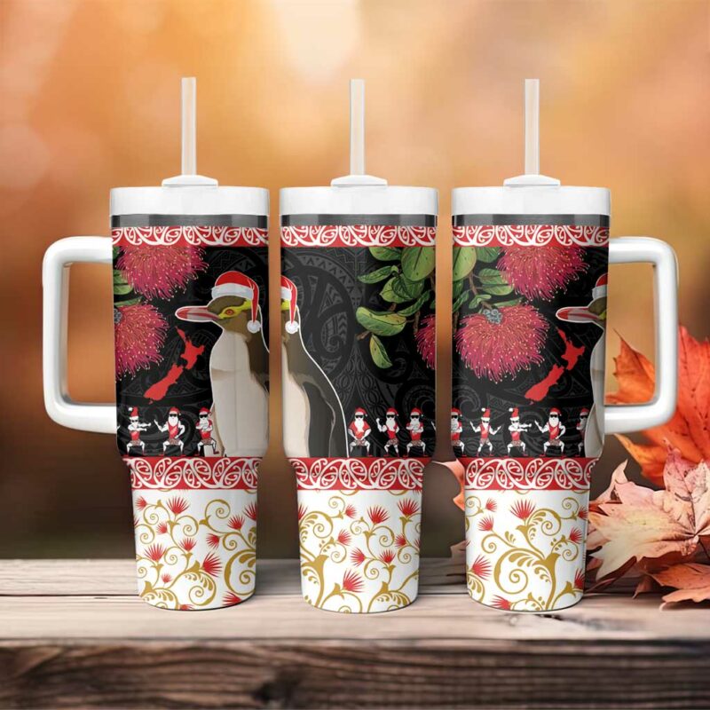 New Zealand Merry Christmas Hoiho Xmas Haka Dance and Pohutukawa Custom Stanley Quencher 40oz Stainless Steel Tumbler With Handle - Threewoofs - Image 4