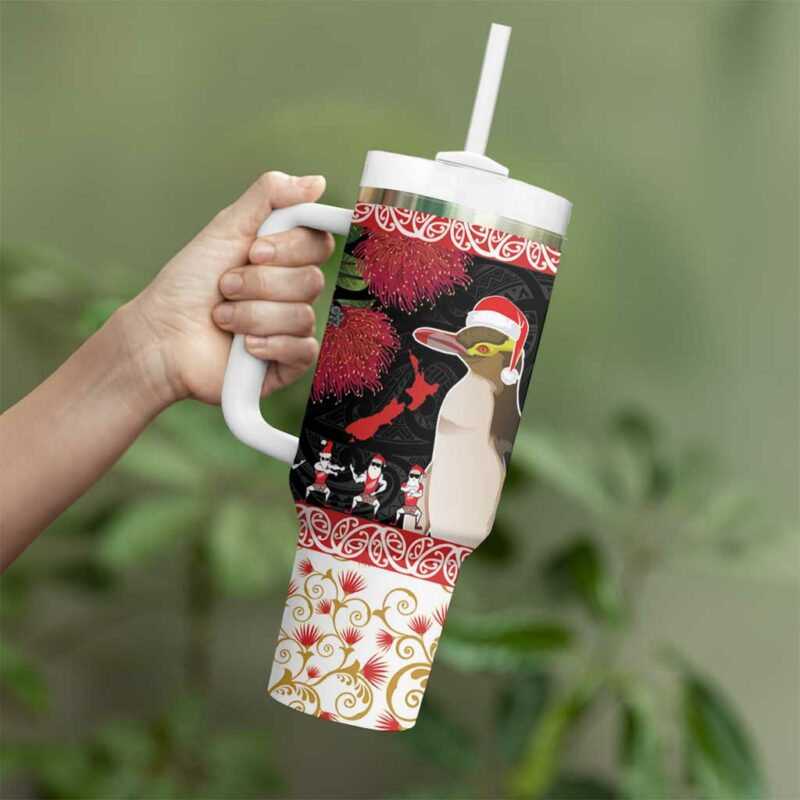 New Zealand Merry Christmas Hoiho Xmas Haka Dance and Pohutukawa Custom Stanley Quencher 40oz Stainless Steel Tumbler With Handle - Threewoofs - Image 3