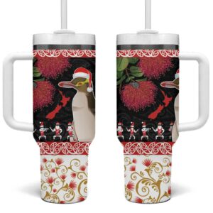 New Zealand Merry Christmas Hoiho Xmas Haka Dance and Pohutukawa Custom Stanley Quencher 40oz Stainless Steel Tumbler With Handle - Threewoofs