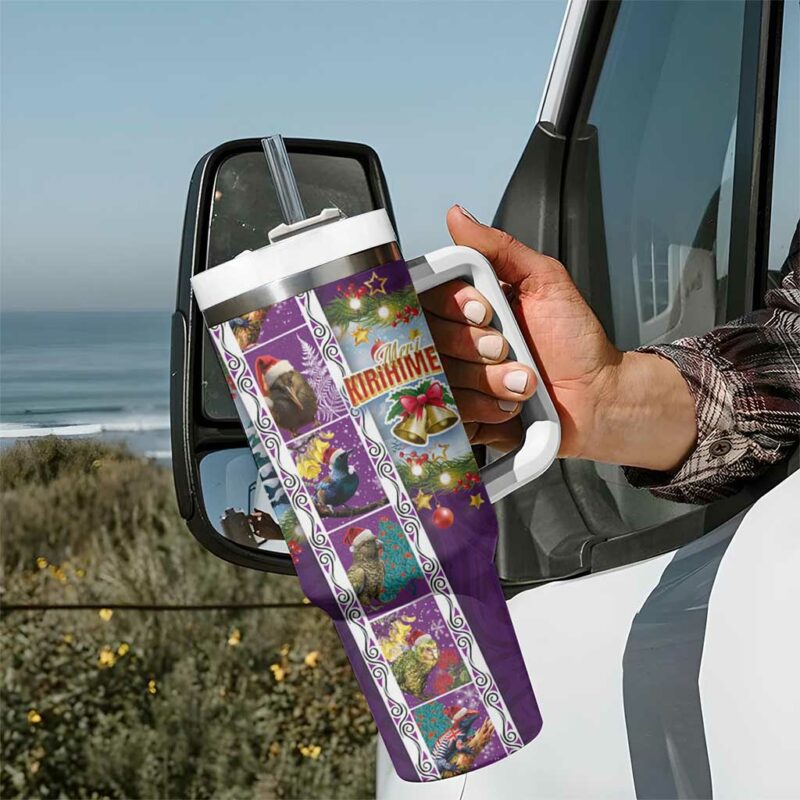 New Zealand Merry Christmas Maori Animals Xmas and Koru Tattoo Purple Color Custom Stanley Quencher 40oz Stainless Steel Tumbler With Handle - Threewoofs - Image 7
