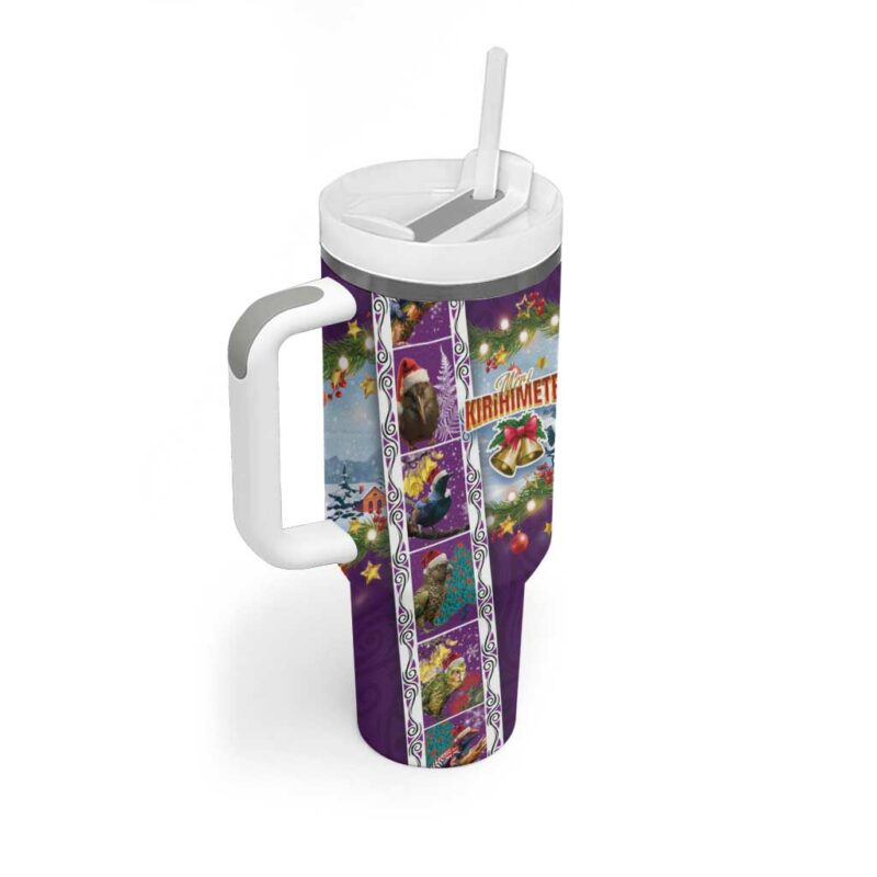 New Zealand Merry Christmas Maori Animals Xmas and Koru Tattoo Purple Color Custom Stanley Quencher 40oz Stainless Steel Tumbler With Handle - Threewoofs - Image 2