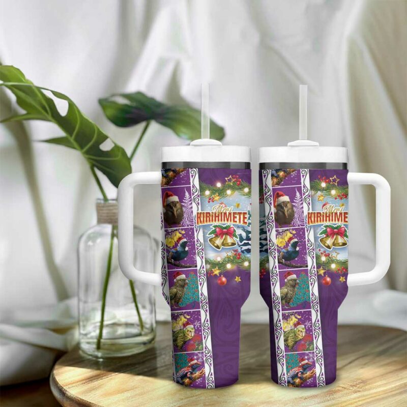 New Zealand Merry Christmas Maori Animals Xmas and Koru Tattoo Purple Color Custom Stanley Quencher 40oz Stainless Steel Tumbler With Handle - Threewoofs - Image 9