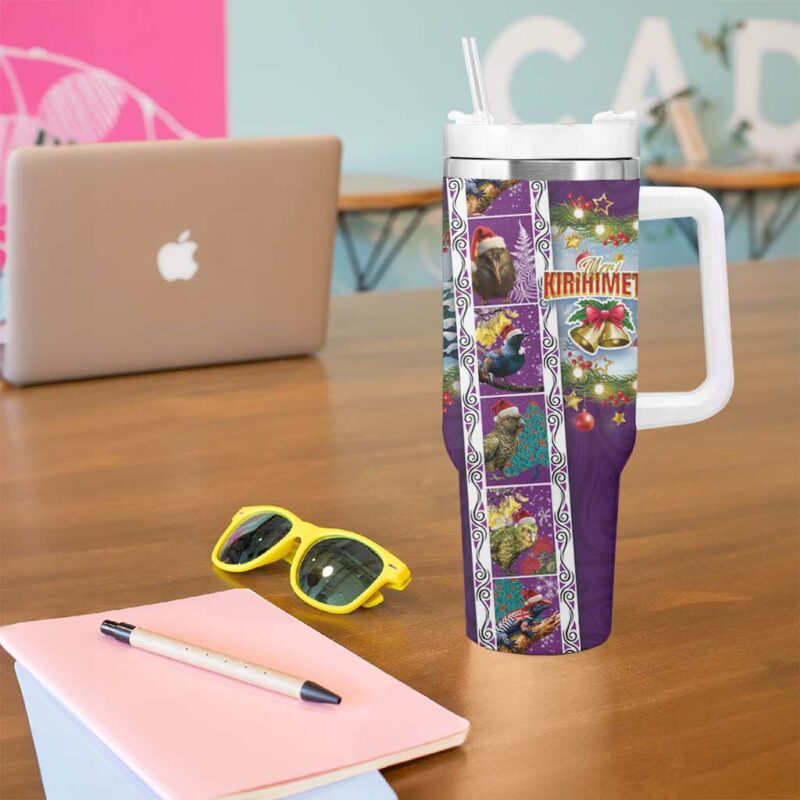 New Zealand Merry Christmas Maori Animals Xmas and Koru Tattoo Purple Color Custom Stanley Quencher 40oz Stainless Steel Tumbler With Handle - Threewoofs - Image 5