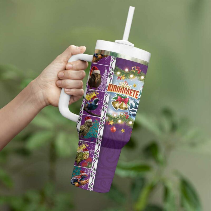 New Zealand Merry Christmas Maori Animals Xmas and Koru Tattoo Purple Color Custom Stanley Quencher 40oz Stainless Steel Tumbler With Handle - Threewoofs - Image 3