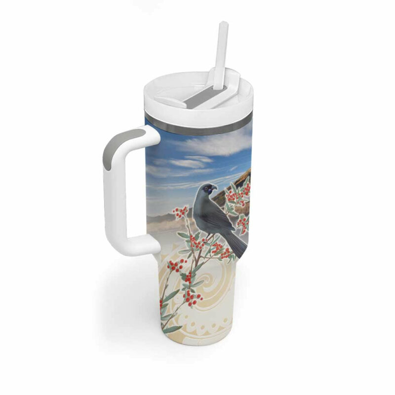 New Zealand Mount Taranaki Landscape Kokako Bird Polynesian Custom Stanley Quencher 40oz Stainless Steel Tumbler With Handle - Threewoofs - Image 2