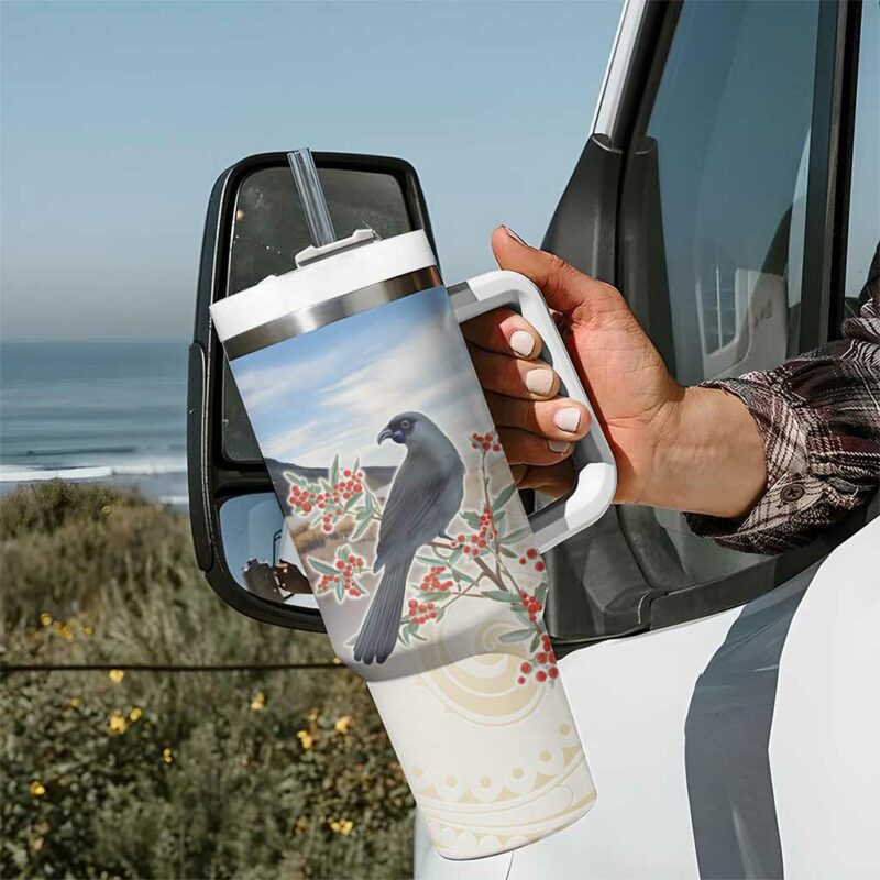 New Zealand Mount Taranaki Landscape Kokako Bird Polynesian Custom Stanley Quencher 40oz Stainless Steel Tumbler With Handle - Threewoofs - Image 7