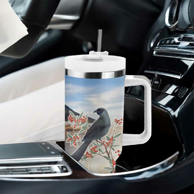 New Zealand Mount Taranaki Landscape Kokako Bird Polynesian Custom Stanley Quencher 40oz Stainless Steel Tumbler With Handle - Threewoofs - Image 8