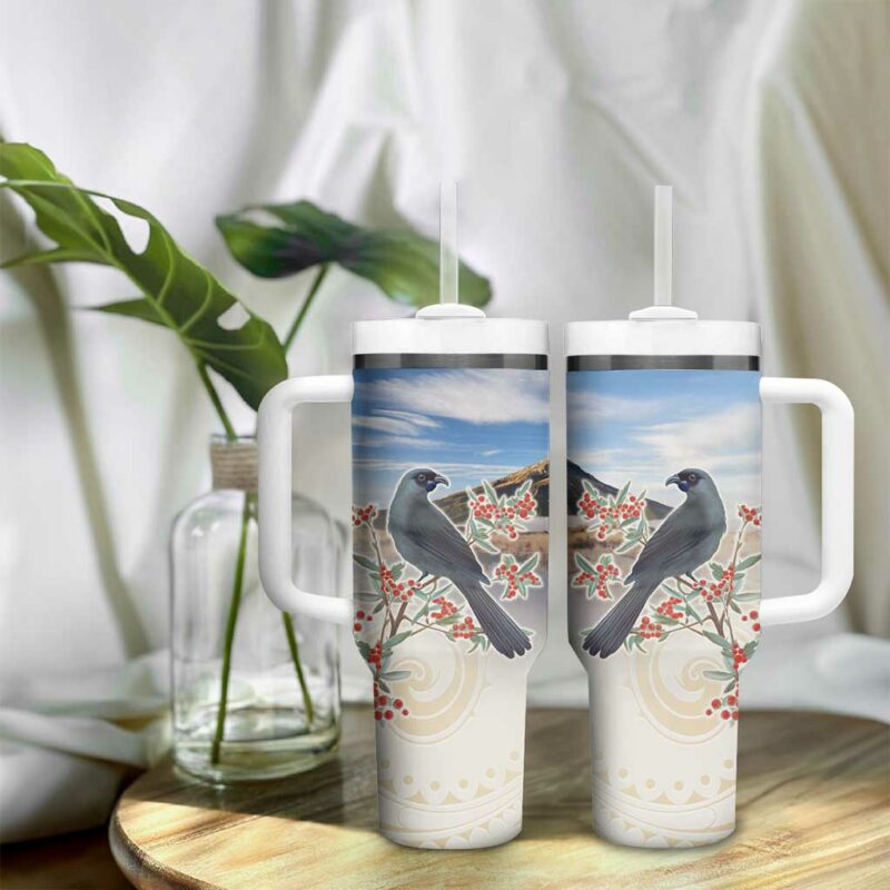 New Zealand Mount Taranaki Landscape Kokako Bird Polynesian Custom Stanley Quencher 40oz Stainless Steel Tumbler With Handle - Threewoofs - Image 9
