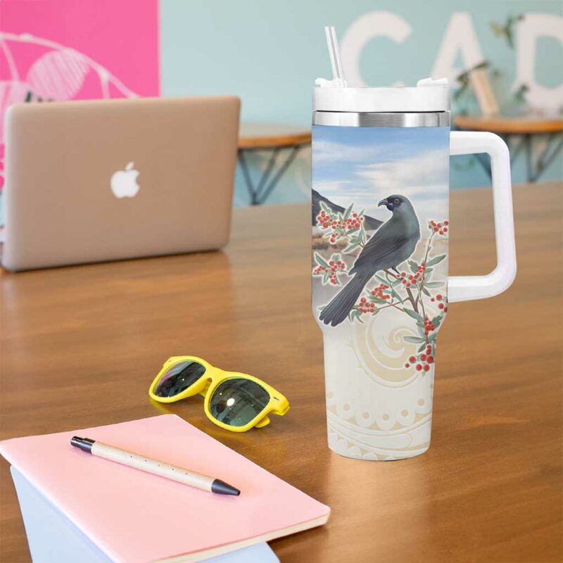 New Zealand Mount Taranaki Landscape Kokako Bird Polynesian Custom Stanley Quencher 40oz Stainless Steel Tumbler With Handle - Threewoofs - Image 5