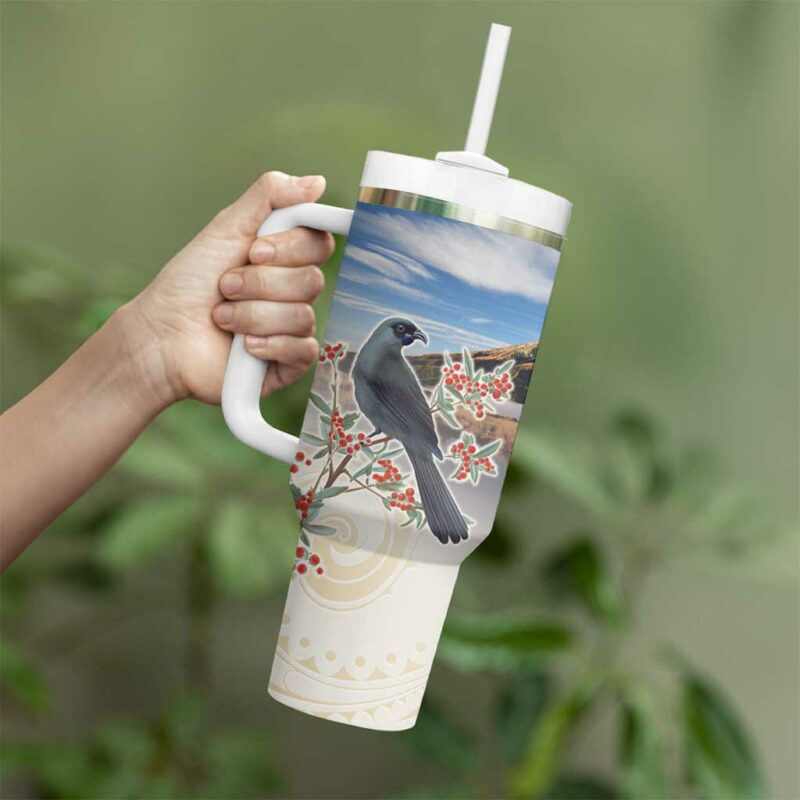 New Zealand Mount Taranaki Landscape Kokako Bird Polynesian Custom Stanley Quencher 40oz Stainless Steel Tumbler With Handle - Threewoofs - Image 3