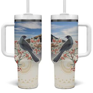 New Zealand Mount Taranaki Landscape Kokako Bird Polynesian Custom Stanley Quencher 40oz Stainless Steel Tumbler With Handle - Threewoofs