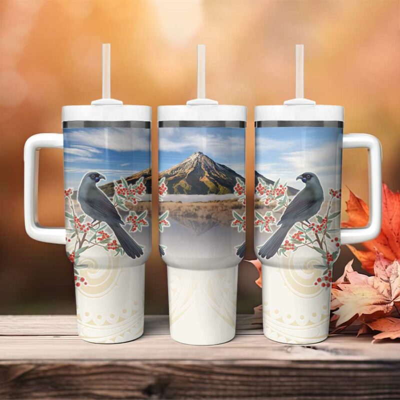 New Zealand Mount Taranaki Landscape Kokako Bird Polynesian Custom Stanley Quencher 40oz Stainless Steel Tumbler With Handle - Threewoofs - Image 4