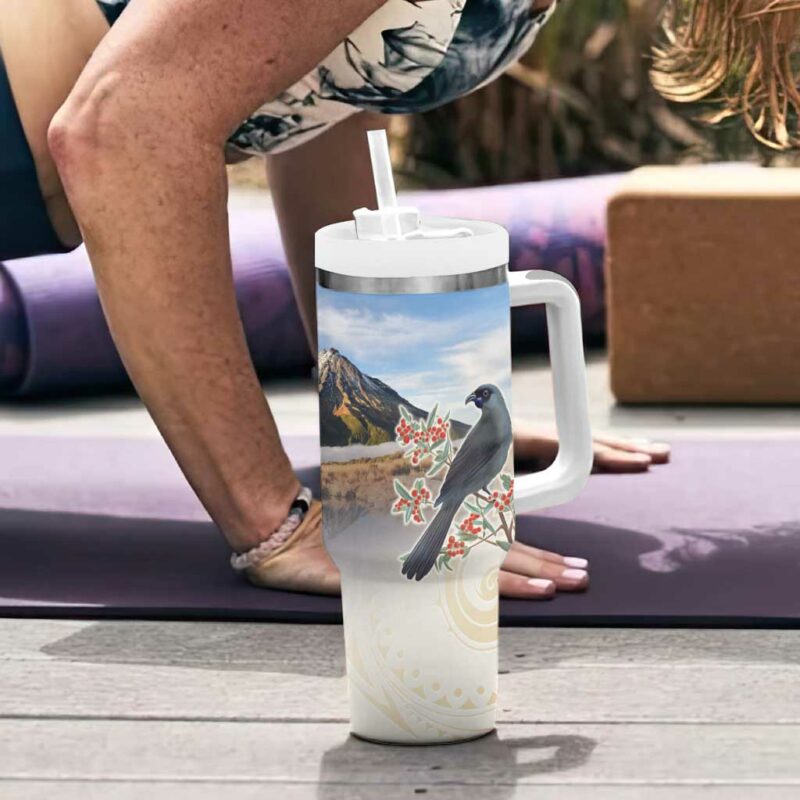 New Zealand Mount Taranaki Landscape Kokako Bird Polynesian Custom Stanley Quencher 40oz Stainless Steel Tumbler With Handle - Threewoofs - Image 6