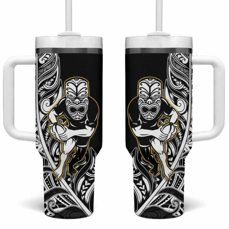 New Zealand Silver Fern Rugby All Black Maori Version Black Custom Stanley Quencher 40oz Stainless Steel Tumbler With Handle - Threewoofs - Image 2