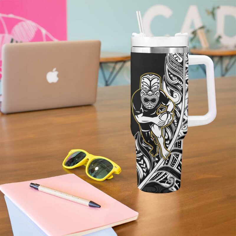 New Zealand Silver Fern Rugby All Black Maori Version Black Custom Stanley Quencher 40oz Stainless Steel Tumbler With Handle - Threewoofs - Image 5