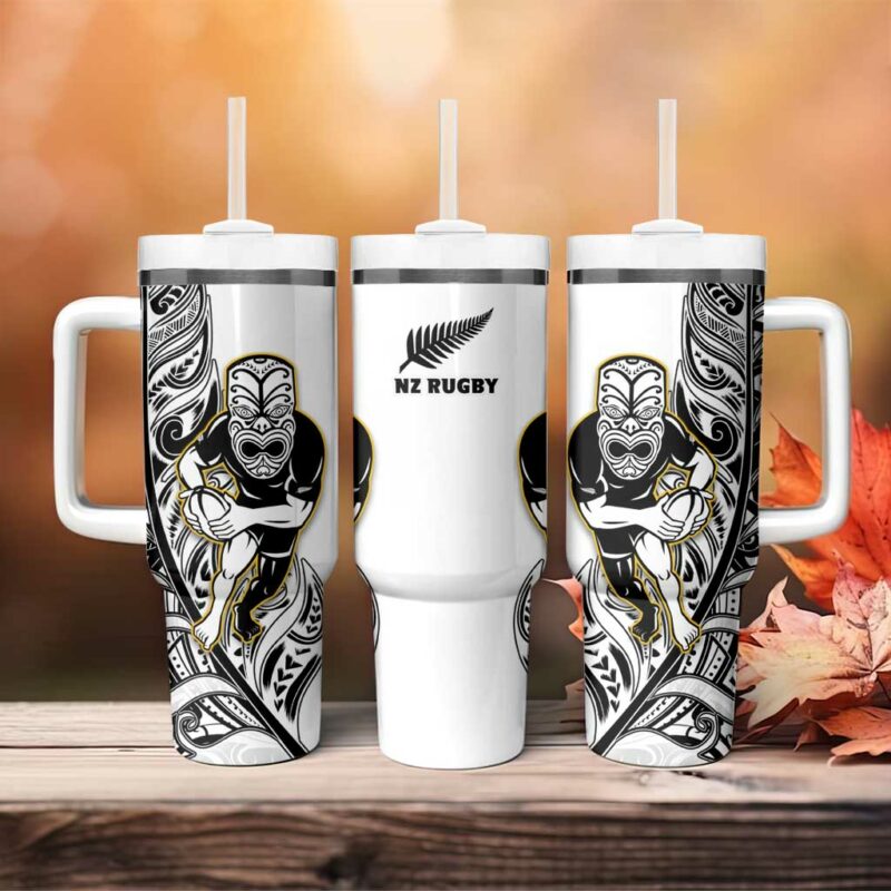 New Zealand Silver Fern Rugby All Black Maori White Custom Stanley Quencher 40oz Stainless Steel Tumbler With Handle - Threewoofs - Image 4