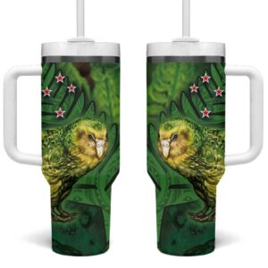 New Zealand Silver Fern with Close up of Green Fern Leaves and Maori Tattoo Custom Stanley Quencher 40oz Stainless Steel Tumbler With Handle - Threewoofs