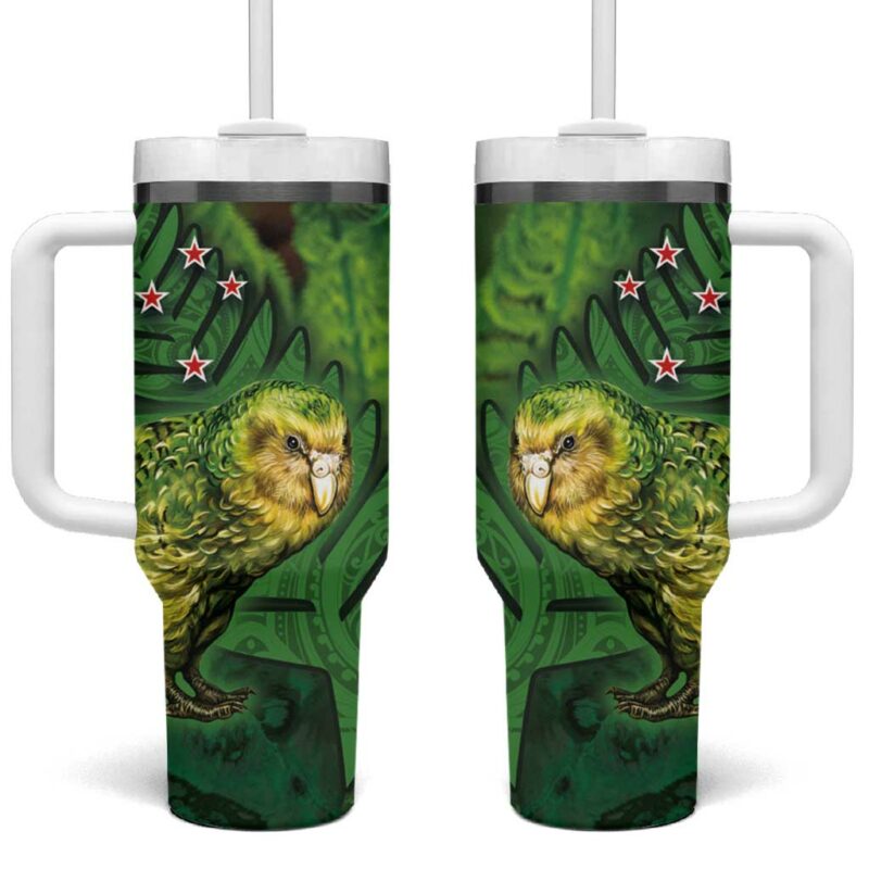 New Zealand Silver Fern with Close up of Green Fern Leaves and Maori Tattoo Custom Stanley Quencher 40oz Stainless Steel Tumbler With Handle - Threewoofs