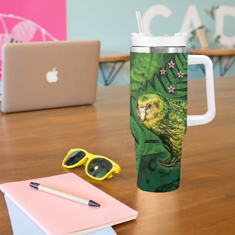 New Zealand Silver Fern with Close up of Green Fern Leaves and Maori Tattoo Custom Stanley Quencher 40oz Stainless Steel Tumbler With Handle - Threewoofs - Image 5