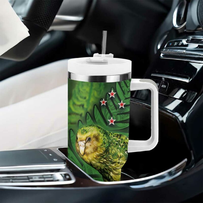 New Zealand Silver Fern with Close up of Green Fern Leaves and Maori Tattoo Custom Stanley Quencher 40oz Stainless Steel Tumbler With Handle - Threewoofs - Image 8