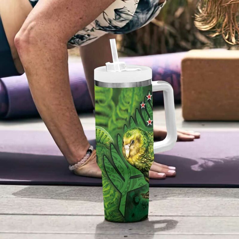 New Zealand Silver Fern with Close up of Green Fern Leaves and Maori Tattoo Custom Stanley Quencher 40oz Stainless Steel Tumbler With Handle - Threewoofs - Image 6