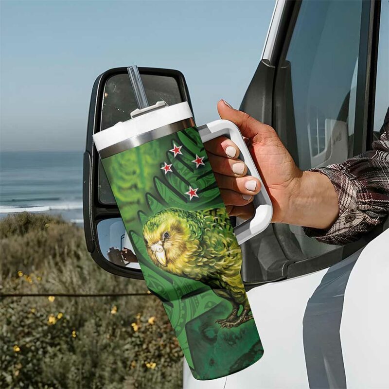 New Zealand Silver Fern with Close up of Green Fern Leaves and Maori Tattoo Custom Stanley Quencher 40oz Stainless Steel Tumbler With Handle - Threewoofs - Image 7