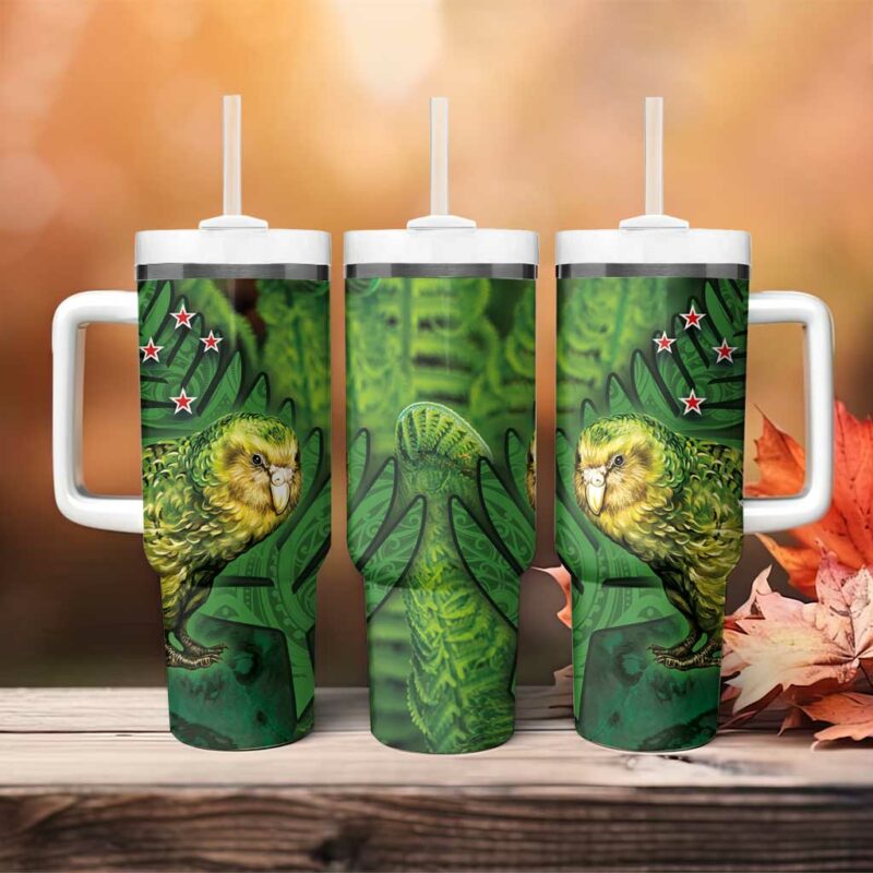 New Zealand Silver Fern with Close up of Green Fern Leaves and Maori Tattoo Custom Stanley Quencher 40oz Stainless Steel Tumbler With Handle - Threewoofs - Image 4