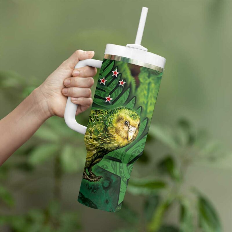 New Zealand Silver Fern with Close up of Green Fern Leaves and Maori Tattoo Custom Stanley Quencher 40oz Stainless Steel Tumbler With Handle - Threewoofs - Image 3