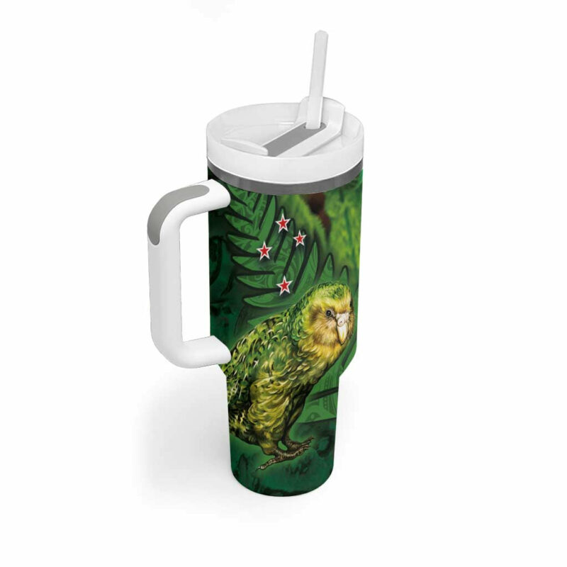 New Zealand Silver Fern with Close up of Green Fern Leaves and Maori Tattoo Custom Stanley Quencher 40oz Stainless Steel Tumbler With Handle - Threewoofs - Image 2