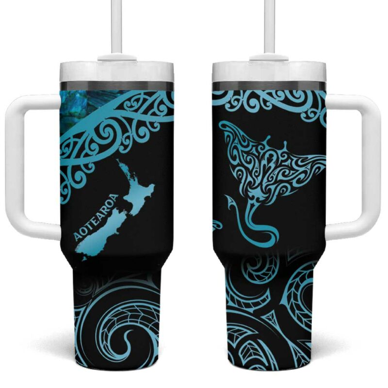 New Zealand Stingray Aotearoa Whai With Maori Paua Shell Custom Stanley Quencher 40oz Stainless Steel Tumbler With Handle - Threewoofs