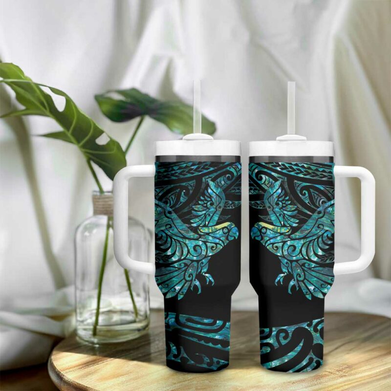 New Zealand Sulphur-crested Cockatoo Aotearoa Maori Mix Paua Shell Custom Stanley Quencher 40oz Stainless Steel Tumbler With Handle - Threewoofs - Image 9
