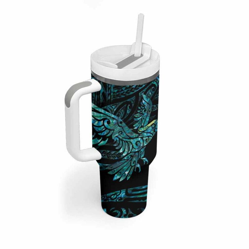 New Zealand Sulphur-crested Cockatoo Aotearoa Maori Mix Paua Shell Custom Stanley Quencher 40oz Stainless Steel Tumbler With Handle - Threewoofs - Image 3