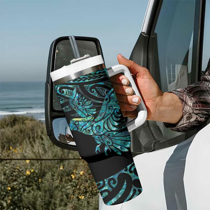 New Zealand Sulphur-crested Cockatoo Aotearoa Maori Mix Paua Shell Custom Stanley Quencher 40oz Stainless Steel Tumbler With Handle - Threewoofs - Image 7