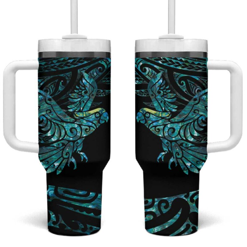New Zealand Sulphur-crested Cockatoo Aotearoa Maori Mix Paua Shell Custom Stanley Quencher 40oz Stainless Steel Tumbler With Handle - Threewoofs - Image 2