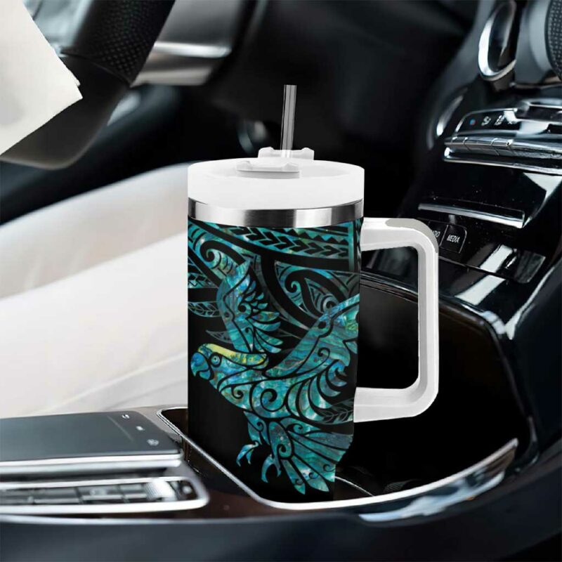 New Zealand Sulphur-crested Cockatoo Aotearoa Maori Mix Paua Shell Custom Stanley Quencher 40oz Stainless Steel Tumbler With Handle - Threewoofs - Image 8