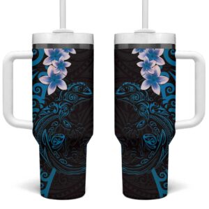 New Zealand Tuatara Plumeria Maori Blue Koru Tribal Tattoo Custom Stanley Quencher 40oz Stainless Steel Tumbler With Handle - Threewoofs