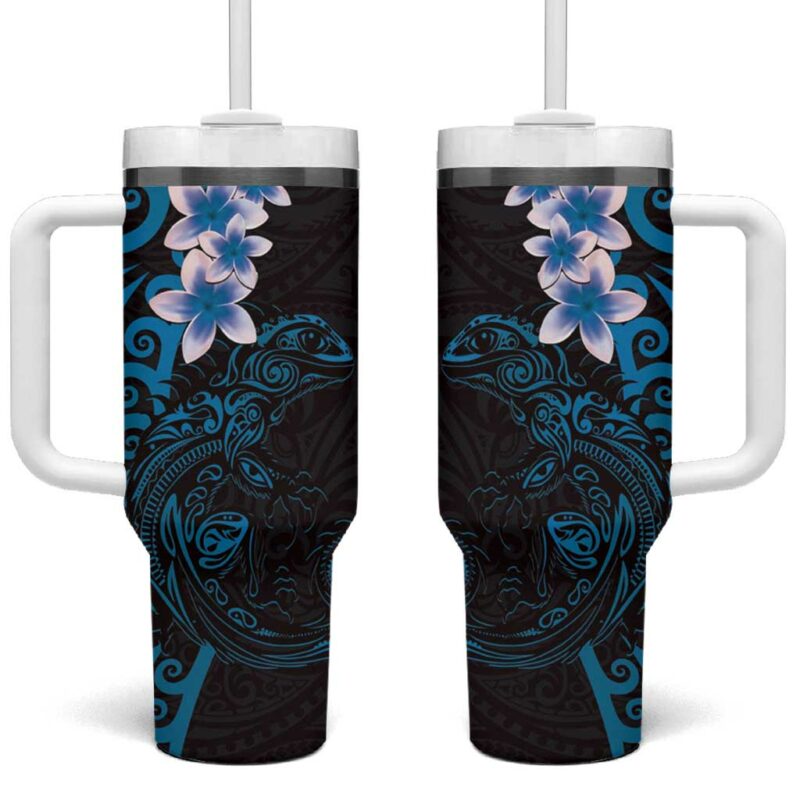 New Zealand Tuatara Plumeria Maori Blue Koru Tribal Tattoo Custom Stanley Quencher 40oz Stainless Steel Tumbler With Handle - Threewoofs