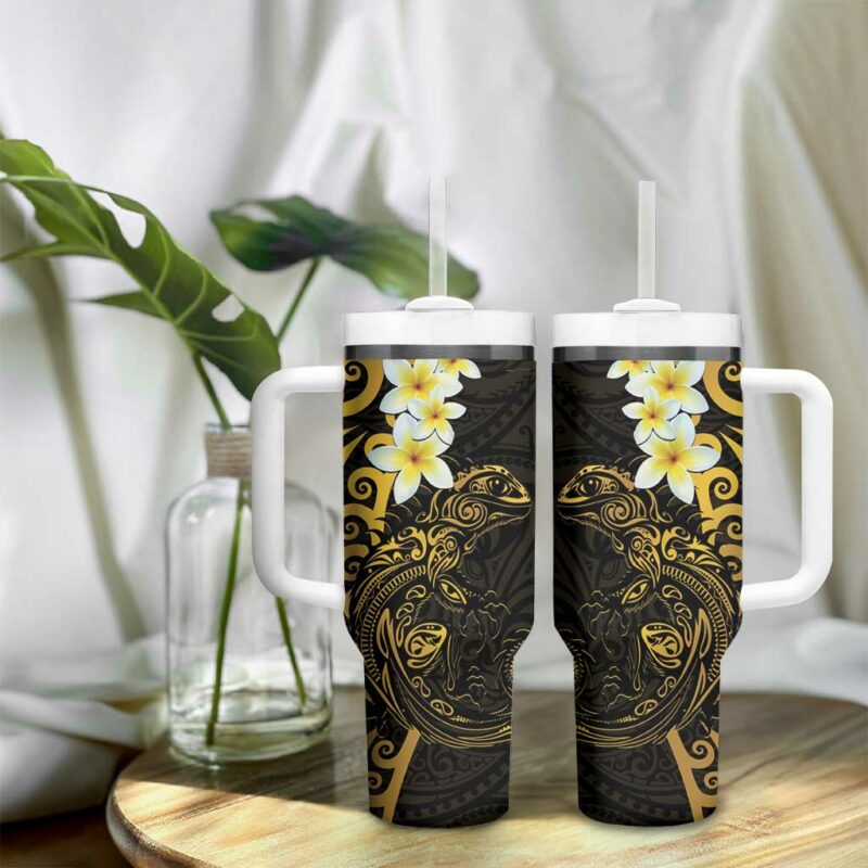 New Zealand Tuatara Plumeria Maori Custom Stanley Quencher 40oz Stainless Steel Tumbler With Handle - Threewoofs - Image 9