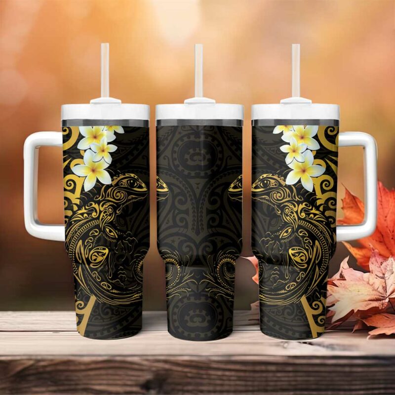 New Zealand Tuatara Plumeria Maori Custom Stanley Quencher 40oz Stainless Steel Tumbler With Handle - Threewoofs - Image 4