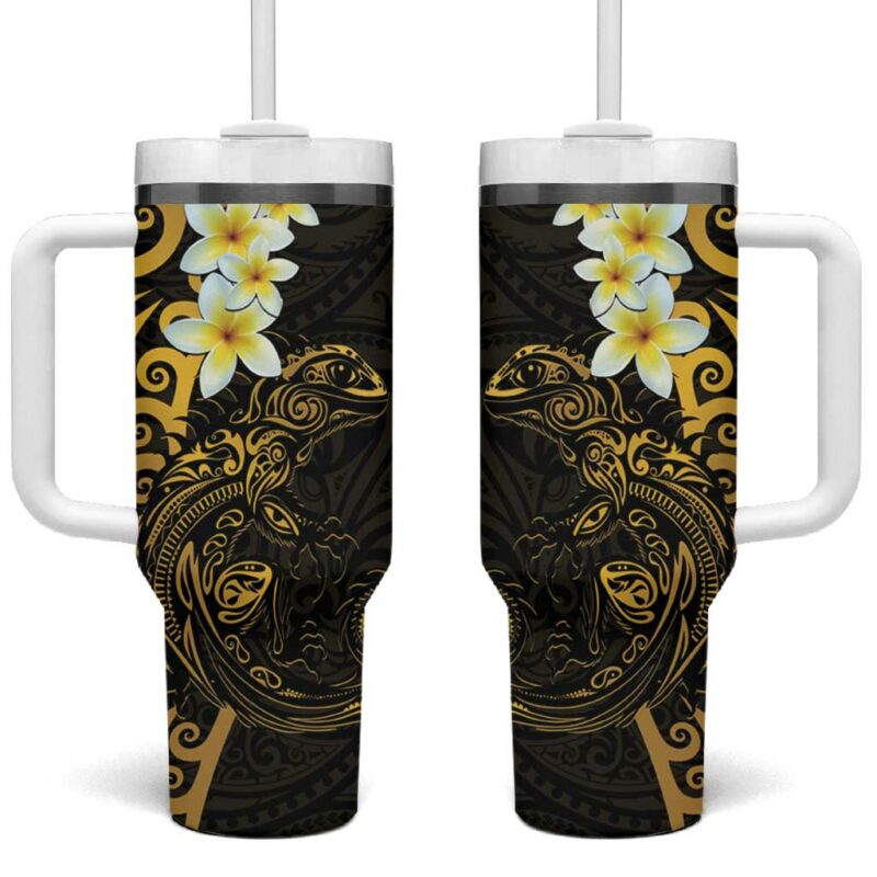 New Zealand Tuatara Plumeria Maori Custom Stanley Quencher 40oz Stainless Steel Tumbler With Handle - Threewoofs
