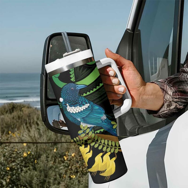 New Zealand Tui Bird Aotearoa Maori With Kowhai Flowers Custom Stanley Quencher 40oz Stainless Steel Tumbler With Handle - Threewoofs - Image 7