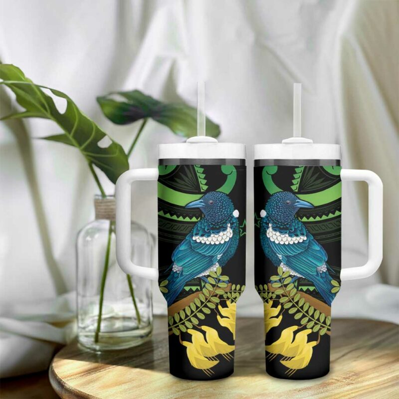 New Zealand Tui Bird Aotearoa Maori With Kowhai Flowers Custom Stanley Quencher 40oz Stainless Steel Tumbler With Handle - Threewoofs - Image 9