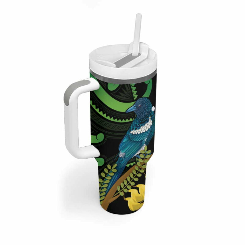New Zealand Tui Bird Aotearoa Maori With Kowhai Flowers Custom Stanley Quencher 40oz Stainless Steel Tumbler With Handle - Threewoofs - Image 2